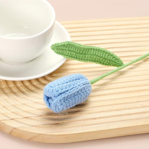 MECCANIXITY Tulip Crochet Flowers, Artificial Knitted Tulip Flower Completed Handmade Tulips Bouquet for Gift Home Birthday Wedding Decoration, Blue Pack of 10 - color: Blue