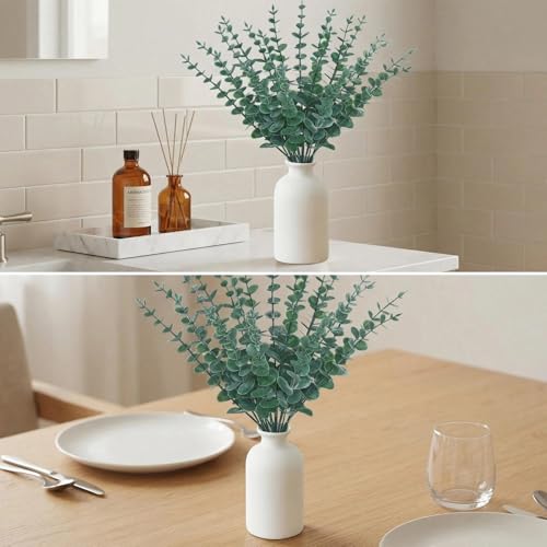 16" Artificial Eucalyptus Stems Potted Plant - Realistic Small Fake Desk Plants for Office Home Decor, Faux Plants in Frosted Ceramic Vase for Indoor Spaces, Wedding Centerpieces Table Decor（20 pcs） - color: Eucalyptus Stems