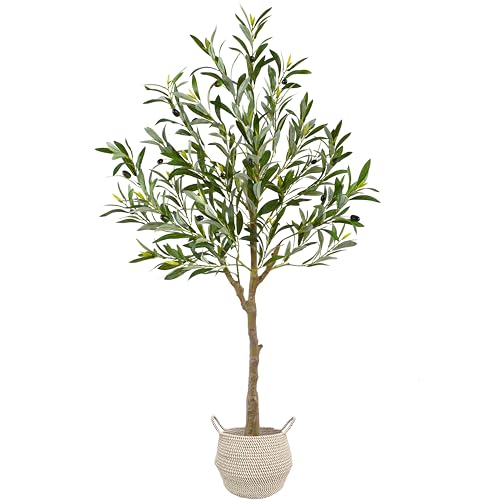 Warmplants Artificial Olive Tree, 4ft Tall Fake Olive Leaves Plant with Basket, Indoor Outdoor Faux Olive Topiary Silk Tree for Home Livingroom Office Décor - size: 4ft