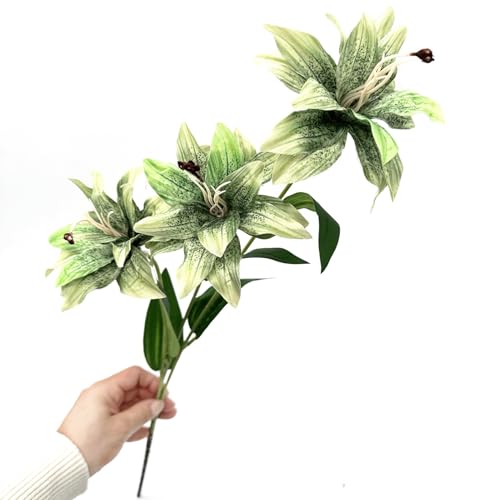Artificial Silk Flowers Fake Lily Flower Long Stems Stargazer Lilies 4 Pack, Faux Tiger Bouquets with Full Bloom Floral Real Touch Plants for Home Kitchen Decor Wedding Party Hotel Decoration - Green - color: Lily Silk Flowers / Green 4 Pack