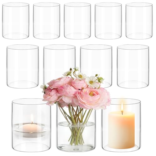12 Pack Glass Cylinder Vases for Centerpieces 4 Inch Tall Clear Bulk Flower Vase Hurricane Floating Candle Holder for Table Home Decoration Wedding Holiday Floral Shelf Party Dining Decor - size: 4 Inch