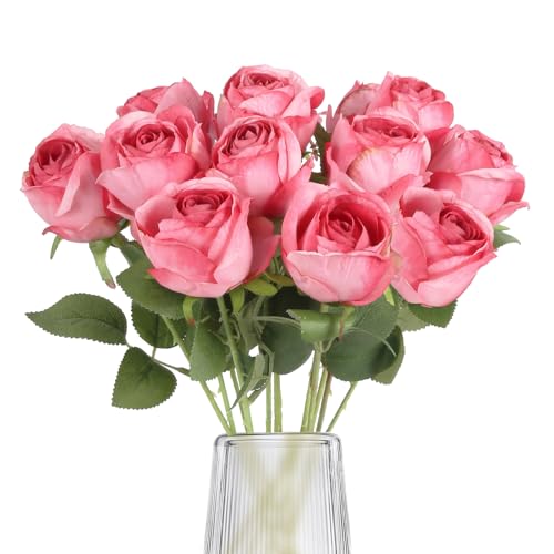 12Pcs Hot Pink Roses Artificial Flowers Vintage Silk Fake Roses with Stem for Vases Realistic Faux Roses Bouquet for Wedding Table Centerpieces Home Decorations DIY Party Arrangements (Hot Pink) - color: Hot Pink
