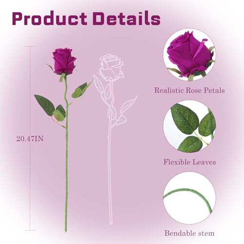 12Pcs Realistic Fake Roses Faux Flowers with Long Stems, Artificial Silk Rose Flowers for Valentines Day Home Wedding Decor Bridal Bouquet (Purple) - color: Purple
