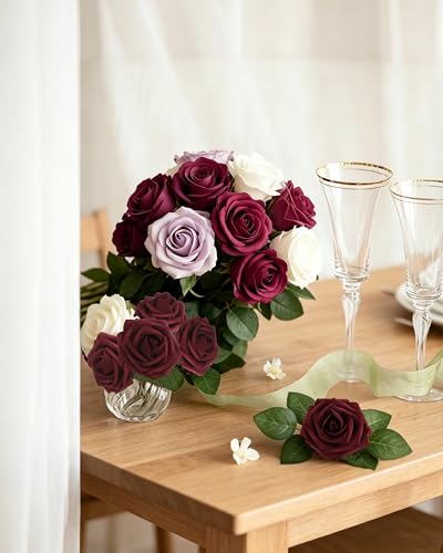 DuHouse 25Pcs Artificial Roses Flowers Fake Roses with Stems Real Touch Foam Flowers for DIY Wedding Bouquet Centerpiece Floral Arrangement Party Home Decor (Burgundy) - color: Burgundy, size: 25pcs