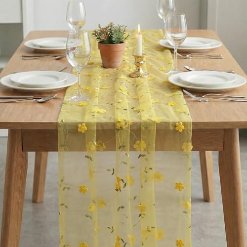Artoid Mode 3D Flower Yellow Gauze Embroidery Table Runner 120 Inch 10FT, Tulle Seasonal Spring Kitchen Dining Holiday Table Decor for Home Party - color: Yellow