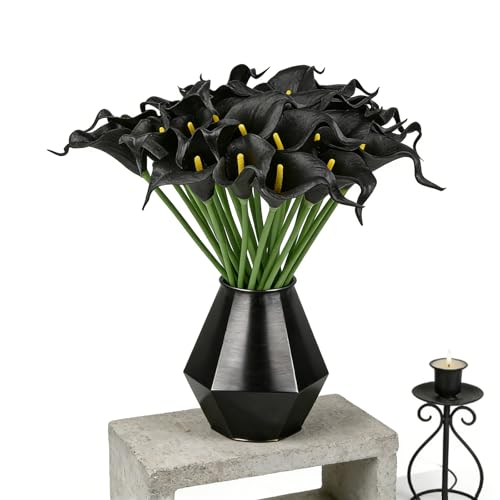 Calla Lily Bridal Wedding Festival Decor Bouquet Real Touch Latex Flower Bouquet Pack of 20 (Black) - color: Black