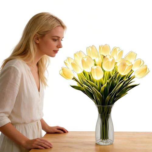 15pcs LED Lighted Artificial Flowers Tulip Lamp with Vase Real Touch Tulips Faux Flower Lights for Valentines Day Gift Easter Home Kitchen Wedding Dining Table Decor (White) - color: 15pcs White