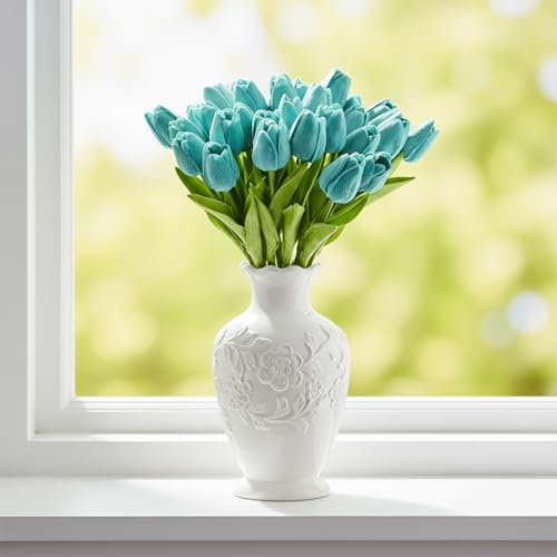 Artificial Tulips Bridal Wedding Festival Decor Bouquet Real Touch PU Flower Bouquet Pack of 20 (Turquoise) - color: Turquoise