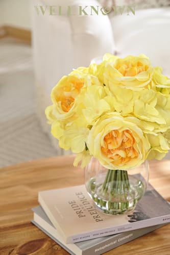 WELL KNOWN Artificial Austin Roses and Hydrangea Petals, 11.5" H Silk Roses Flower Bouquet with Fake Water in Glass Vase, Faux Peony for Home Decor, Table Decor, Weddings, Gift (Yellow) - color: Yellow