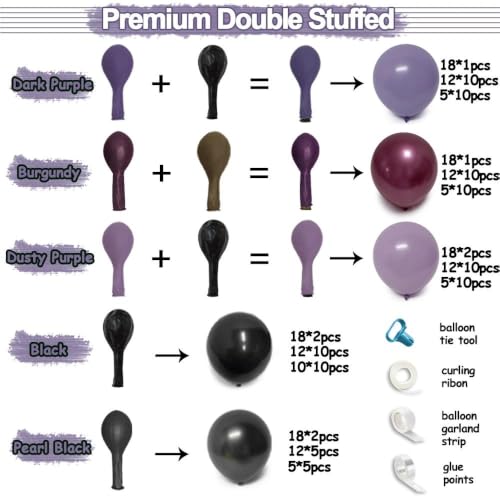 Purple and Black Balloon Arch Kit, 102PCS Double Stuffed Burgundy Dusty Purple Lavender Balloon Garland for Gothic Birthday Wedding Bridal Shower Graduation Halloween Party Decorations - color: Purple Black