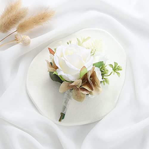 Wedding Flower Boutonniere White Groom Rose Buttonholes Men's Boutineer Party Suit Decoration Prom Anniversary Accessories for Groomsmans and Man (White) - color: White