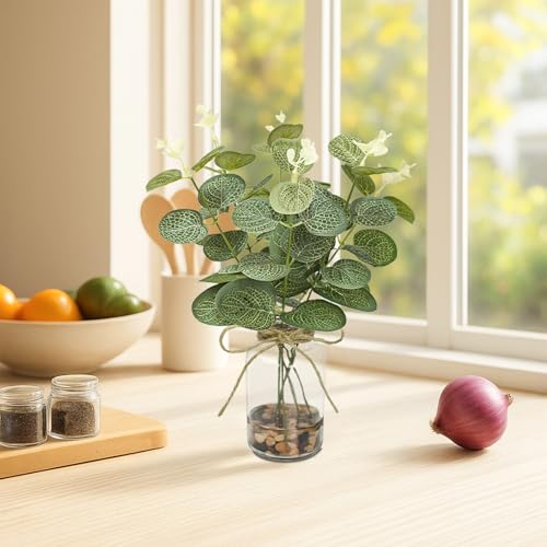 2 Pack Artificial Eucalyptus Stems in Glass Vases, 11" Fake Plants with Faux Water Stones, Small Faux Plants for Kitchen Bathroom Shelf Coffee Table Decor (Blackish Green) - color: Blackish Green