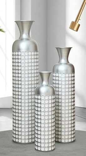 Tall Floor Vases Set of 3 for Decor Living Room Floor, White Vases Home Decor, Embossed Body Pattern, Geometric Cylinder (Silver 2) - color: Silver 2