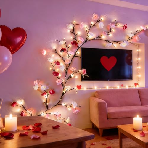 Rose LED Tree Branch Lights for Wall,Rose Blossom Vine Lights Decor with 48 LED Flower String Lights and USB Powered, 8 Lighting Modes for Indoor Window Wedding Valentine's Day Decor (47 in) - size: 47in, style: Rose