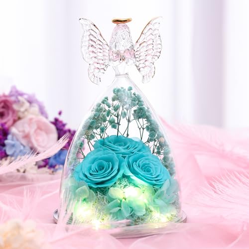 Mothers Day Rose Gifts for Women Preserved Real Flower in Glass Angel Figurines Roses for Delivery Prime Birthday Gifts for Mom Grandma Girlfriend Wife Her - Tify Blue - color: Aqua Blue