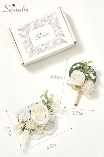 Serwalin White Rose Corsage and Boutonniere Set, Boutonniere for Men and Wrist Corsage Wristlet Prom Homecoming Wedding Flowers Accessories Party Suit Decorations - color: A White, size: 1 Boutonniere & 1 Wrist Corsage - 2pcs