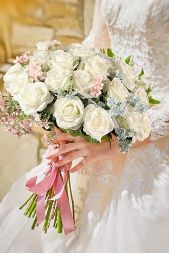 Luyue 10PCS Artificial Roses Flower with Stems Slik Fake Flowers Bouquet Realistic Long Stem Faux Rose for Wedding Home Decor - color: White