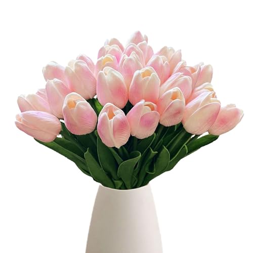 18pcs Artificial Tulips 13" PU Artificial Flowers for Family Friends Gifts DIY Flower Arrangement Home Kitchen Office Party Wedding Dining Table Decoration, Light Pink - color: Light Pink
