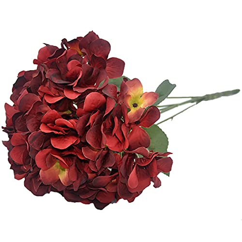 2Bouquets Artificial Fake Flowers Silk Hydrangea Arrangements Wedding Bouquets Decorations Plastic Floral Home Kitchen Garden Party Festival Bar DIY (Red,5 Flower Heads) - color: Red,5 Flower Heads