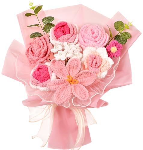 Crochet Flowers Bouquet, Crochet Rose Tulip Knitted Flower for Mother's Day, Valentine's Day, Anniversary, Wedding, Birthday, Home Décor, Gifts for Mom, Lovers, Friends, Pink - color: Pink