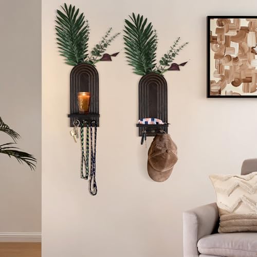 3-in-1 Wooden Wall Organizer - Planter Vase + Candle Sconces + Hooks (No Dried Flower)- Farmhouse Hanging Decor Boho Wall Art for Indoor Plants Artificial Eucalyptus for Living Room Bedroom Brown - color: Brown
