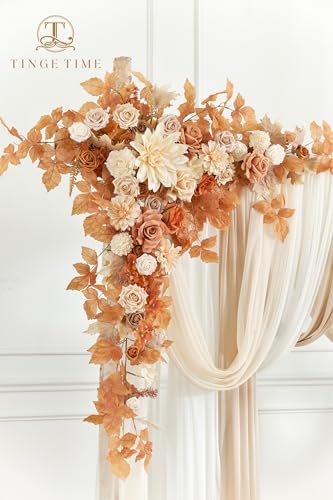 TINGE TIME Wedding Arch Flowers Kit - Deluxe 5pcs Artificial Floral Swag with 3 Sheer Drapes, Realistic Silk Flower Arrangements for Wedding Ceremony Arbor Backdrop Reception Party Home Decor - color: Burnt Orange & Champagne