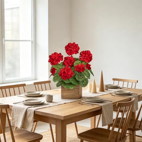 Briful Artificial Geraniums Flowers in Square Wooden Box, Faux Red Silk Geranium Potted Plant, 15.7" Fake Floral Arrangement for Rustic Farmhouse Home Kitchen Table Centerpiece Patio Décor - color: Red#584