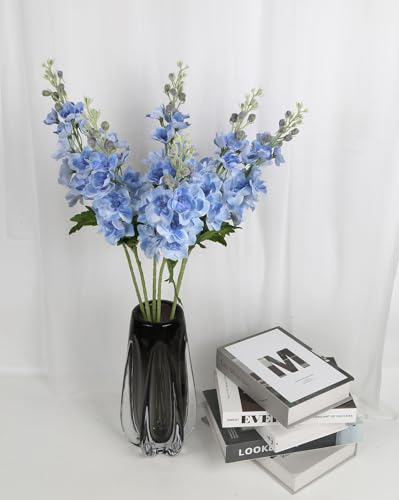 Blue Silk Flowers 6PCS Real Touch Delphinium Artificial Flowers Blue Larkspur Faux Flowers Realistic Tall Flowers for Vase Wedding Centerpieces for Tables Home Decor (Blue) - color: Real Touch Blue