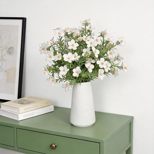 Artificial White Gypsophila Baby's Breath Flower Arrangement in Ceramic Vase – 6 Inch White Vase, Faux Cosmos Bouquet for Home Decor, Table Centerpiece, Office & Farmhouse Décor - color: White