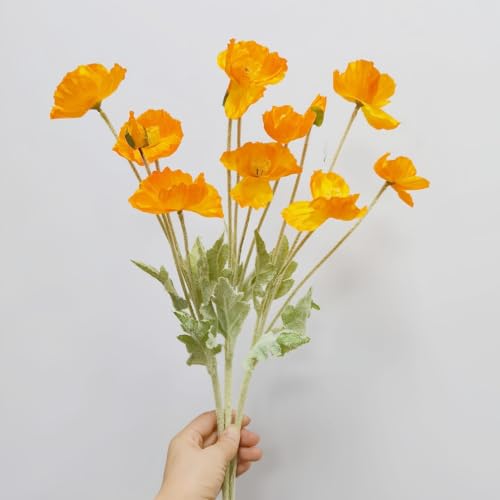 Poppy Flowers Artificial， Poppy Silk Flowers with Stems，Ranunculus Artificial Flowers，Faux Flower Stems for Wedding,Party, Outdoor Indoor Decor Flower Arrangements for Table (3, Orange) - color: Orange