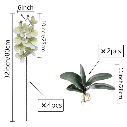 FagusHome 32" Artificial Phalaenopsis Flowers 4 Pcs with 2 Bundles Leaves Artificial Orchid Flowers Stem Plants Fake Butterfly Phalaenopsis Flowers for Home Wedding Party Décor (Light Green) - color: Light Green
