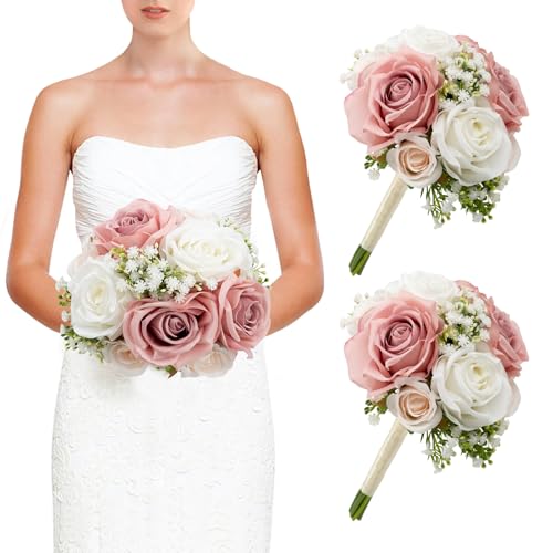 Wedding Bridesmaid Bouquets Set of 2, Artificial Silk Flowers Arrangement for Ceremony Marriage Proposal Party Anniversary Decorations - Dusty Pink & White - color: Dusty Pink & White, size: Set of 2 Bouquets