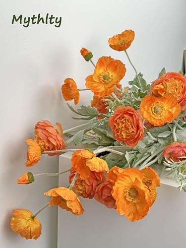 Set of 6 Poppies Flowers Artificial Silk Flowers with Long Stems Faux Wildflowers Bouquet for Vases Oil Pastel Style for Wedding Party Indoor Home Office Decor (Orange) - color: Orange