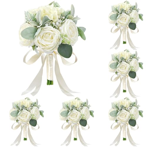 Set of 6 Bridesmaid Bouquets for Wedding - Silk Artificial Ivory Bridesmaid Flowers, Pre-Made Roses Sage Green Boho Bridal Floral for Bride Party Ceremony Anniversary Decoration - 9inch - color: White-2, size: Set of 6 Bridesmaid Bouquets