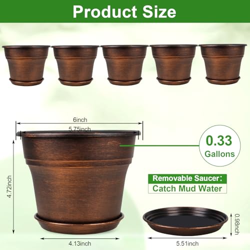 Plant Planters Pots Set of 6 Pack 6 Inch, Plastic Flower Pot For Indoor Plants With Drainage Holes & Trays, Resin Decorative Container Sets With Saucer For House Outdoor Garden Planters Dark Gold - color: Copper, size: 6 inch-6 pack