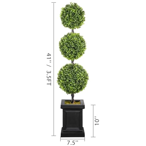 3.5ft Boxwood Outdoor Topiary Set of 2, Tall All Year Green Fake Plant Topiary Trees Artificial Outdoor Porch Trees with Sturdy Pot for Outdoor Indoor (Ball)