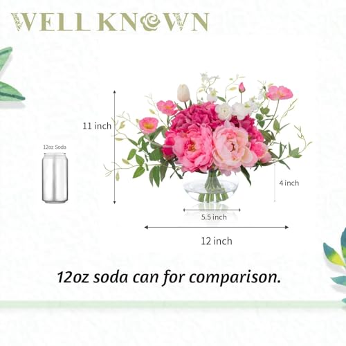 Artificial Flowers in Vase, WELL KNOWN Silk Hydrangea Bouquet and Peonies Artificial Flowers Table Centerpieces with Faux Water for Home Decor Fake Tulips Flower Arrangements for Table Decor (Fuchsia) - color: Mix Peony-fuchsia