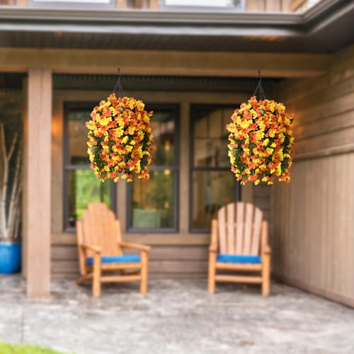 INQCMY Artificial Hanging Flowers Basket for Spring Summer Outdoor Decor,Faux Silk Begonia in Planter Look Real UV Resistant for Porch Home Patio Garden Yard Decoration - color: Orange Yellow