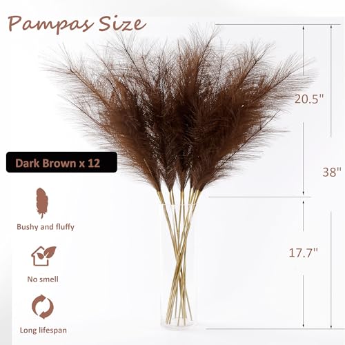 12 Pcs Dark Brown Faux Pampas Grass Decor 38"/3.1FT Tall Fake Pompas Floral Large Artificial Pompous Grass Branches Plants for Floor Vase Filler Home Boho Decoration - color: Dark Brown