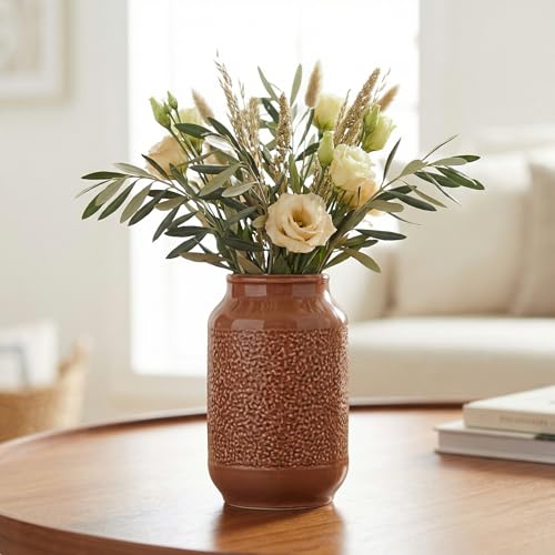 Ceramic Flower Vase Home Decor - 9 Inch Brown Modern Vases for Pampas Grass, Decorative Vase for Flowers, Fall Centerpiece Dining Office Kitchen Decor - color: Modern Brown