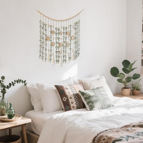 Dahey Hanging Artificial Plant Eucalyptus Wall Decor 43'' Wooden Bead Garland with Fake Greenery Leaves Boho Rustic Farmhouse Wall Art for Living Dining Room Bathroom Bedroom Kitchen Decoration - size: 43 inches