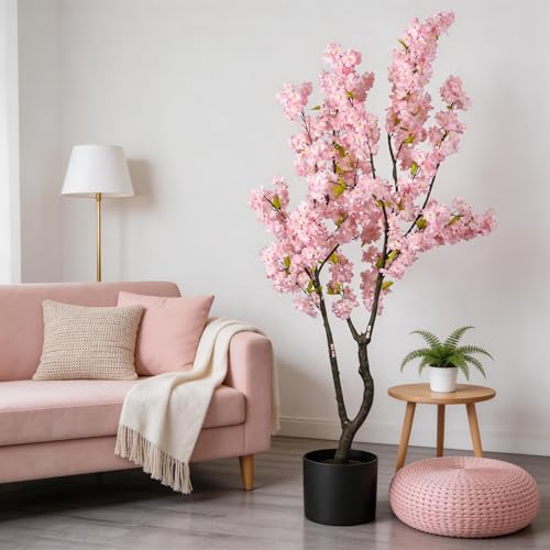 6.56ft Tall Pink Artificial Cherry Blossom Tree Decor, Fake Silk Flower Plant Indoor, Sakura Tree Realistic Faux Cherry Tree for Christmas New Year Home Decor - color: Pink-ap18