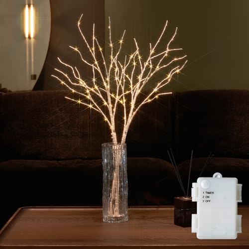 Fudios Birch Branch Lights with Timer for vase 100 LED Lighted Willow Twig 32IN Tall Battery Operated Home Party Indoor Outdoor use - color: White Birch, size: 1 SET