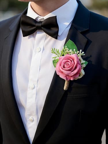 Pink Rose Corsage and Boutonniere Set Wristlet Corsage for Bride Bridesmaids, Boutonniere for Groom Groomsmen Prom Wedding Flowers Accessories,Homecoming, Anniversary, Graduation (Pink) - color: Pink