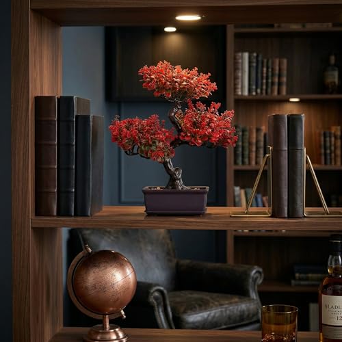 Cabilock Artificial Bonsai Tree Decor, 14.17 Inch Small Fake Plant in Pot, Faux Potted Bonsai Tree for Home Office Desk, Men Living Room Shelf, Bathroom, Bedroom and Zen Japanese Room Decor - color: Red