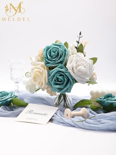 Artificial Flowers 25 Pack Dark Teal Faux Foam Roses with Stems, Real Looking Fake Rose for DIY Wedding Bouquets, Bridal Shower Centerpieces, Party Table Decorations, Home Decor - color: Dark Teal, size: 25Pcs