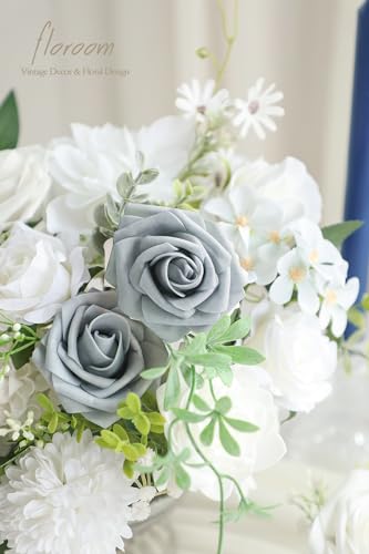 Floroom Powder Blue Ivory Artificial Flowers Fake Roses Dahlias and Greenery Combo Box Set for DIY Wedding Bouquets Bridal Shower Centerpieces Floral Arrangements Party Tables Home Decorations - color: Powder Blue