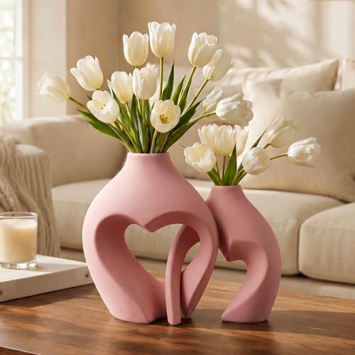Pink Ceramic Flower Vases Home Decor Heart Shaped Vase Set of 2 Nordic Heart Shaped Vases, Minimalist Decorative Vase for Table Centerpiece Wedding Dining Living Room Office House Decoration - color: Pink