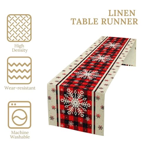 Snowflakes Christmas Table Runner Buffalo Plaid Winter Holiday Theme Art Printed Dinner Runner for Home Party Kitchen Dining Table Decor Fabric 1 Panel W13xL36in - color: Christmas, size: 13"W x 36"H