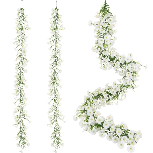 2 Pack Artificial Petunias Flowers Garlands, 6FT White Morning Glory Fake Hanging Flowers Eucalyptus Vines for Decoration Silk Flowers for Outdoor Home Garden Wall Wedding Decor(White) - color: White
